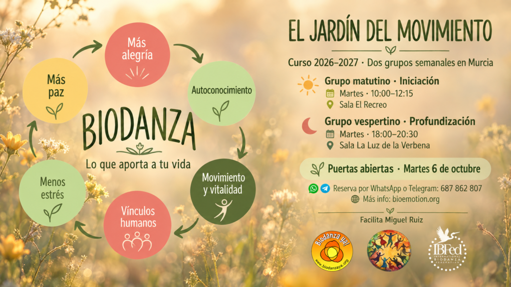 Biodanza El Jardín del Movimiento. Grupos semanales en Murcia, curso 2026-27.